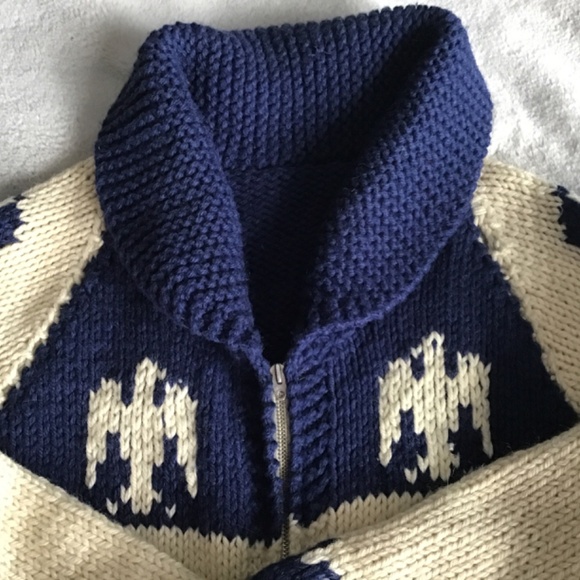 VINTAGE CREAM & BLUE PURE WOOL EAGLES DESIGN HANDKNITTED FRONT ZIP CARDIGAN SZ L - Picture 4 of 11